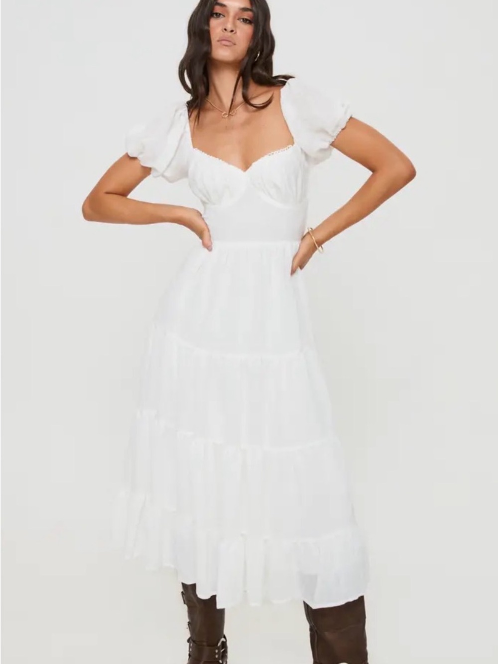NWT Princess Polly Danny White Puff-Sleeve Tiered Midi Dress Sz 10